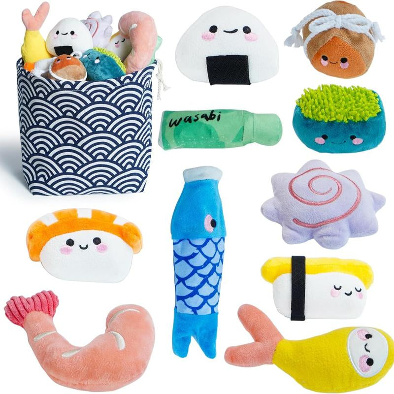 Nocciola 10 PCS Bread Dog Toy Set with a Grocery Bag, Cute Crinkle Squeaky Plush Puppy Toys, Enrichment Toys to Keep Them Busy, Hide and Seek Toys for Small to Medium Dogs,10 Pack Bread Toys, Sushi, Seafood, Turkey, Piggy