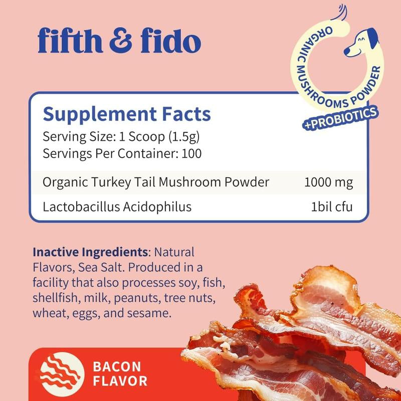 Fifth & Fido Turkey Tail+ - Dog Food Topper with Probiotics for Lipomas, Immune Support & Gut Health - 75 Servings - Bacon Flavor - Natural Allergy Relief - Supplements
