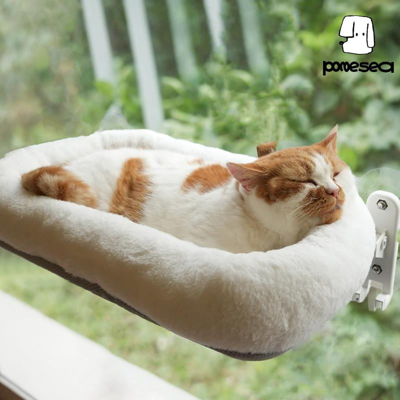 【Marshmallow Bed】Pomesea Cordless Cat Window Perch,Cordless Cat Hammock,Sunbathing,Pet Bed,Neck Support,Detachable,Double-Sided Fabric Cover,For Indoor Pets,Valentine Gift