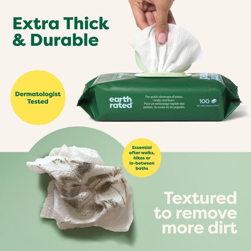 Earth Rated 3-In-1 Pet Grooming Wipes, Cleaning, Deodorizing & Hydrating for Paws, Body, and Butt, Perfect for Dogs & Cats, White Tea and Basil Scent, 100 Count