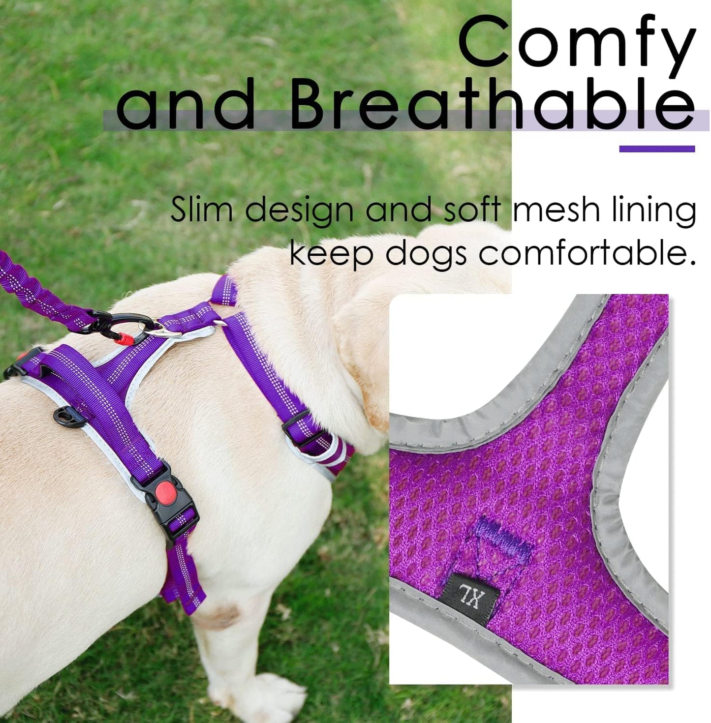 No Pull Dog Harness Breathable Harness with Handle - Reflective Padded Dog Vest Adjustable Harness for Medium Dogs No Pull, Back/Front Clip for Control, New Version Harness Purple M
