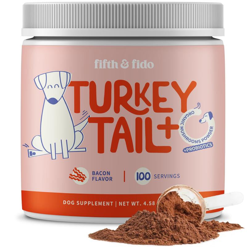 Fifth & Fido Turkey Tail+ - Dog Food Topper with Probiotics for Lipomas, Immune Support & Gut Health - 75 Servings - Bacon Flavor - Natural Allergy Relief - Supplements