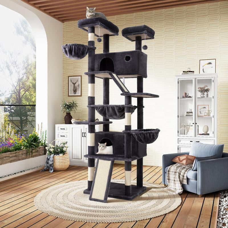 【Deals for You】Sha CERLIN 81In Multi-Level Tall Cat Tree Tower for Indoor Kitties/Larger Cat Condo Furniture with Hammock/Cozy Pussycat Perches/Sisal Scratching Posts/Pet House/Wide Base/White & Black Spot#Fathersdaygift