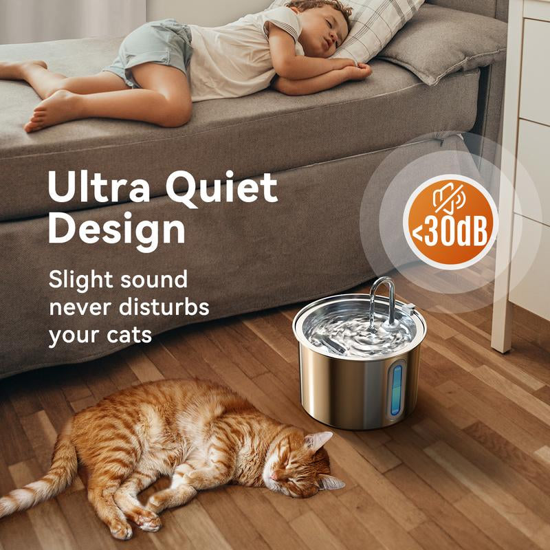 Oneisall Cat Water Fountain with 3 Replacement Filters,304 Stainless Steel, 2L/67Oz Automatic Water Fountain for Cats , Visual Water Level Window with Led,Gift for Pet