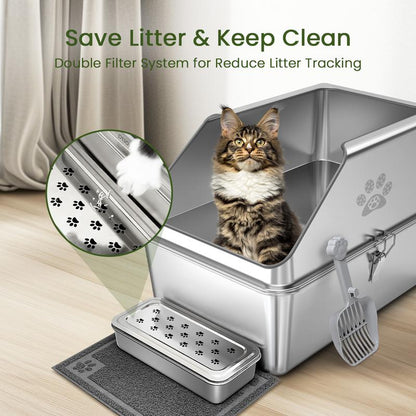 Ptlom Pure Metal Semi-Enclosed Stainless Steel Cat Litter Box,Paw Print,With Beveled Edges,Non-Stick,Leak-Proof,Odorless,Comes with Mat and Scoop
