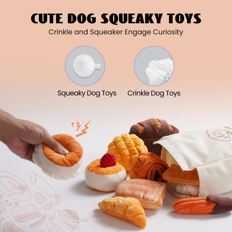 Nocciola 10 PCS Bread Dog Toy Set with a Grocery Bag, Cute Crinkle Squeaky Plush Puppy Toys, Enrichment Toys to Keep Them Busy, Hide and Seek Toys for Small to Medium Dogs,10 Pack Bread Toys, Sushi, Seafood, Turkey, Piggy