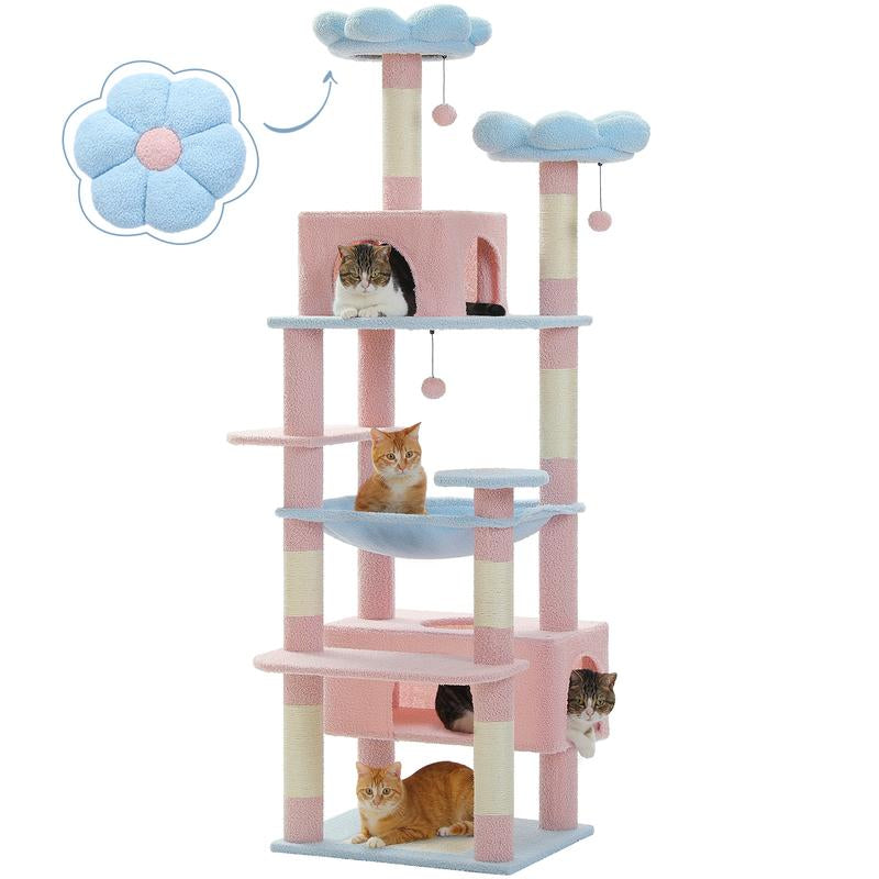 PAWZ Road 72-Inch Flower/Cactus Cat Tree for Indoor Cat, with Sisal-Covered Scratching Posts, Padded Perches, Condos, and Basket（Gray/Dark Gray/Beige） Pet Supplies Home Cattree