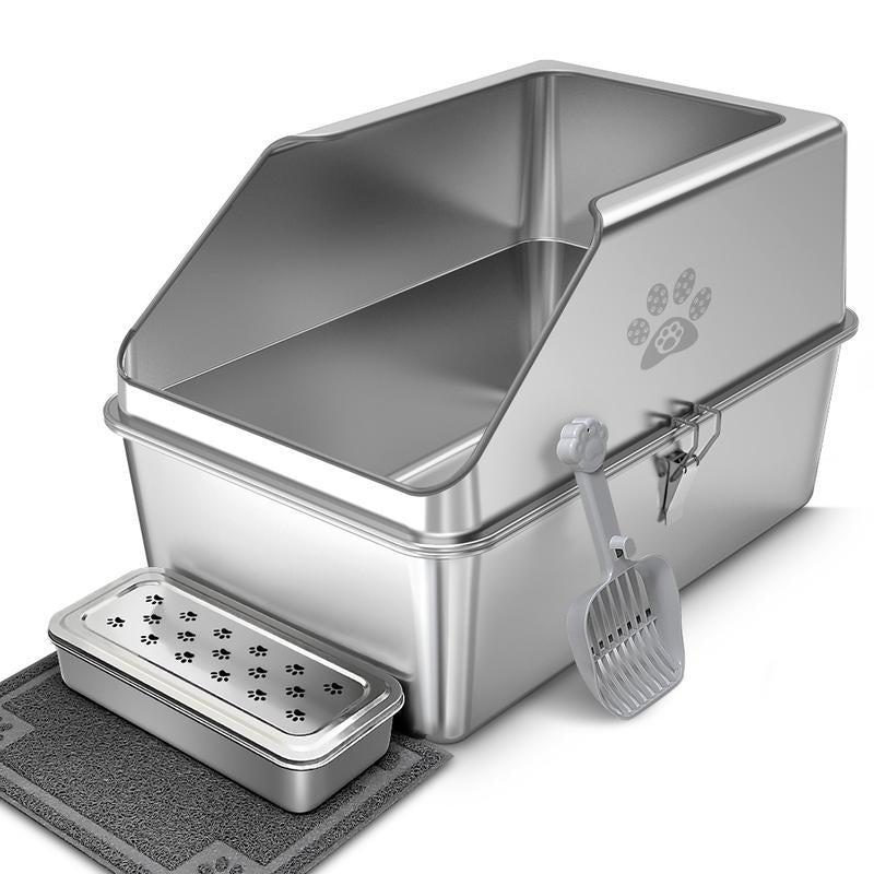 Ptlom Pure Metal Semi-Enclosed Stainless Steel Cat Litter Box,Paw Print,With Beveled Edges,Non-Stick,Leak-Proof,Odorless,Comes with Mat and Scoop
