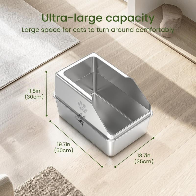 Ptlom Pure Metal Semi-Enclosed Stainless Steel Cat Litter Box,Paw Print,With Beveled Edges,Non-Stick,Leak-Proof,Odorless,Comes with Mat and Scoop