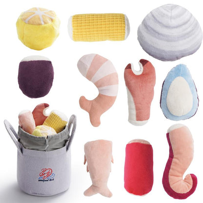 Nocciola 10 PCS Bread Dog Toy Set with a Grocery Bag, Cute Crinkle Squeaky Plush Puppy Toys, Enrichment Toys to Keep Them Busy, Hide and Seek Toys for Small to Medium Dogs,10 Pack Bread Toys, Sushi, Seafood, Turkey, Piggy