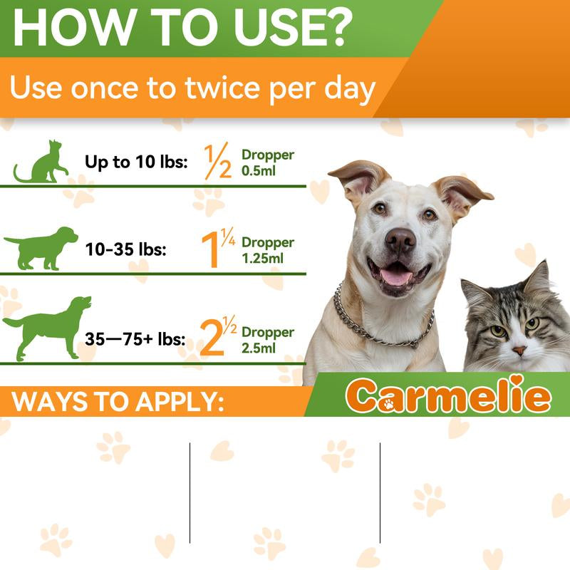 Carmelie Natural Flea & Tick Support Drops for Dogs & Cats - Delicious Bacon Flavor, Vitamin-Enriched Formula for All Breeds & Ages
