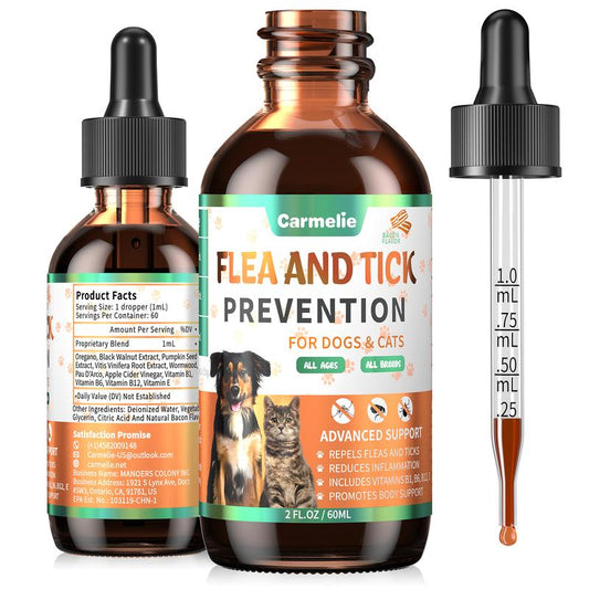 Carmelie Natural Flea & Tick Support Drops for Dogs & Cats - Delicious Bacon Flavor, Vitamin-Enriched Formula for All Breeds & Ages