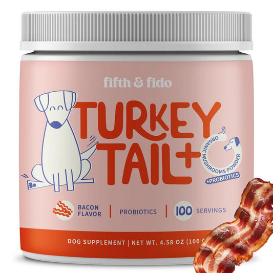 Fifth & Fido Turkey Tail+ - Dog Food Topper with Probiotics for Lipomas, Immune Support & Gut Health - 75 Servings - Bacon Flavor - Natural Allergy Relief - Supplements