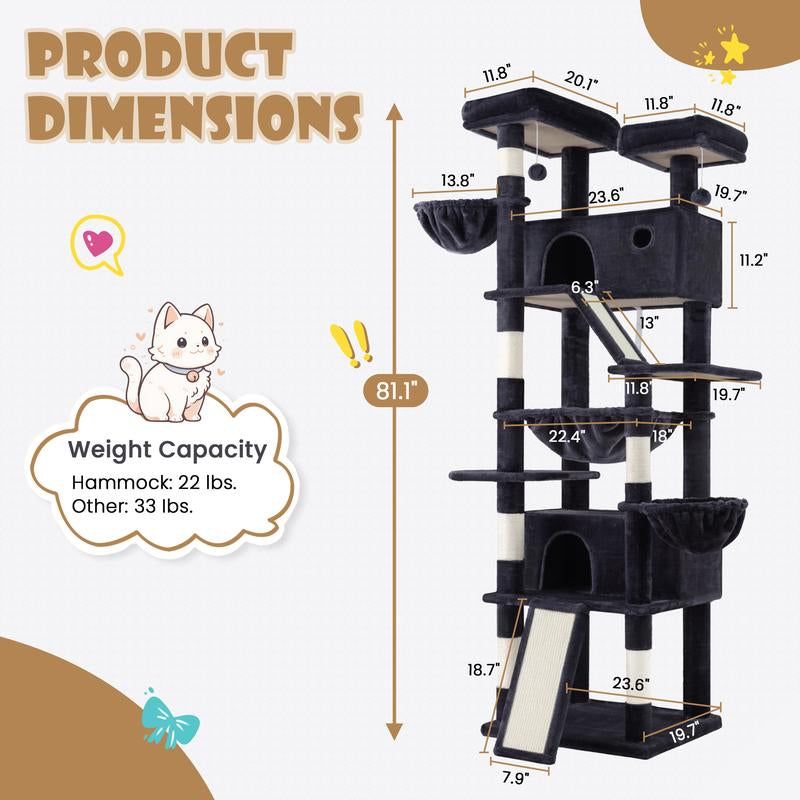 【Deals for You】Sha CERLIN 81In Multi-Level Tall Cat Tree Tower for Indoor Kitties/Larger Cat Condo Furniture with Hammock/Cozy Pussycat Perches/Sisal Scratching Posts/Pet House/Wide Base/White & Black Spot#Fathersdaygift