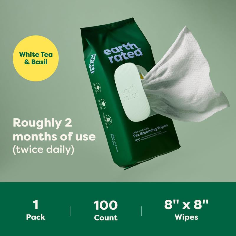 Earth Rated 3-In-1 Pet Grooming Wipes, Cleaning, Deodorizing & Hydrating for Paws, Body, and Butt, Perfect for Dogs & Cats, White Tea and Basil Scent, 100 Count