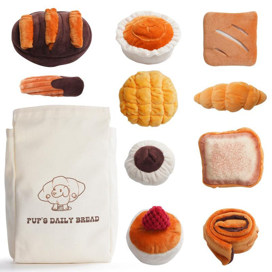 Nocciola 10 PCS Bread Dog Toy Set with a Grocery Bag, Cute Crinkle Squeaky Plush Puppy Toys, Enrichment Toys to Keep Them Busy, Hide and Seek Toys for Small to Medium Dogs,10 Pack Bread Toys, Sushi, Seafood, Turkey, Piggy