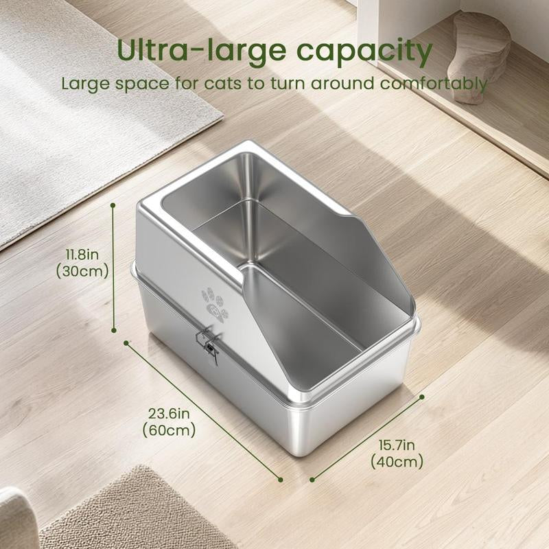 Ptlom Pure Metal Semi-Enclosed Stainless Steel Cat Litter Box,Paw Print,With Beveled Edges,Non-Stick,Leak-Proof,Odorless,Comes with Mat and Scoop