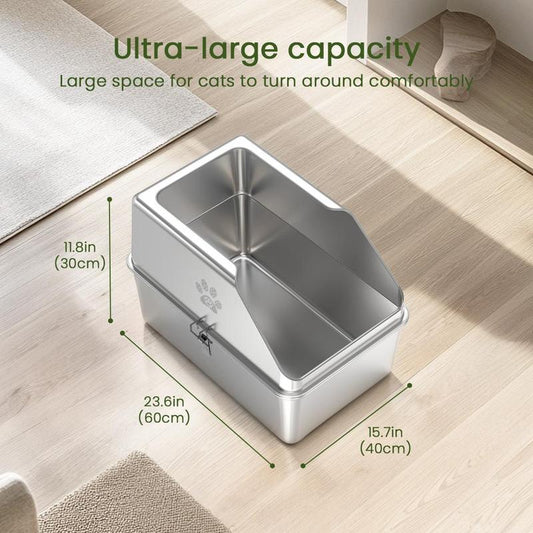 Ptlom Pure Metal Semi-Enclosed Stainless Steel Cat Litter Box,Paw Print,With Beveled Edges,Non-Stick,Leak-Proof,Odorless,Comes with Mat and Scoop