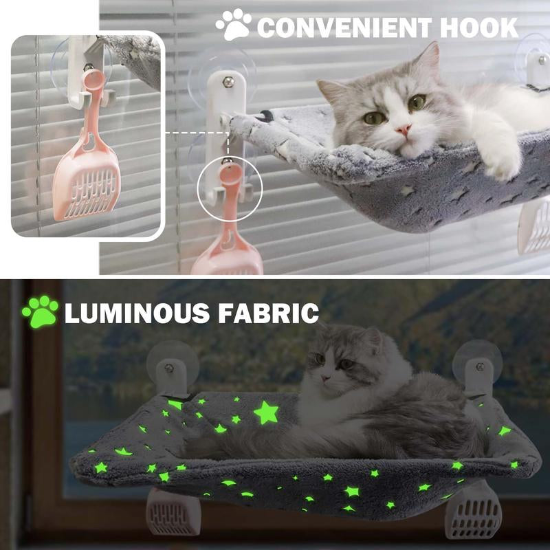 【POMESEA Cat Window Perch】Sunbathing Hammock with Hook Design,Glow in the Dark,Double-Sided Fabric Cover, Foldable Window Seat for Large Cats