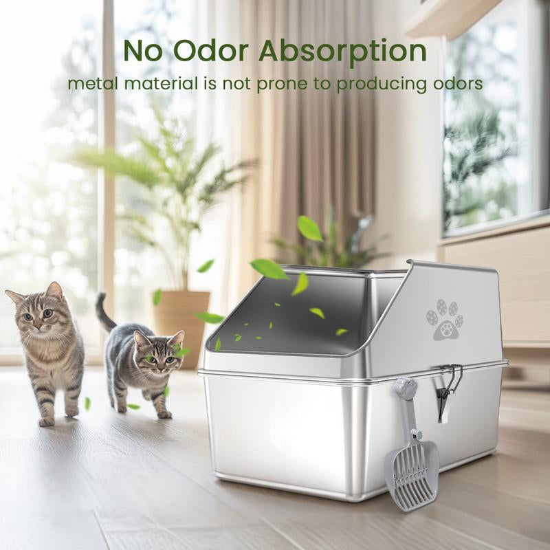 Ptlom Pure Metal Semi-Enclosed Stainless Steel Cat Litter Box,Paw Print,With Beveled Edges,Non-Stick,Leak-Proof,Odorless,Comes with Mat and Scoop