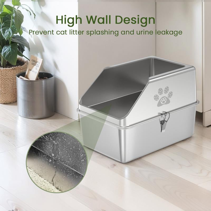 Ptlom Pure Metal Semi-Enclosed Stainless Steel Cat Litter Box,Paw Print,With Beveled Edges,Non-Stick,Leak-Proof,Odorless,Comes with Mat and Scoop