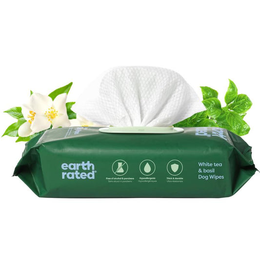 Earth Rated 3-In-1 Pet Grooming Wipes, Cleaning, Deodorizing & Hydrating for Paws, Body, and Butt, Perfect for Dogs & Cats, White Tea and Basil Scent, 100 Count