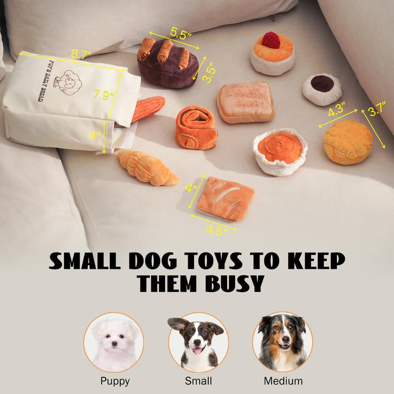 Nocciola 10 PCS Bread Dog Toy Set with a Grocery Bag, Cute Crinkle Squeaky Plush Puppy Toys, Enrichment Toys to Keep Them Busy, Hide and Seek Toys for Small to Medium Dogs,10 Pack Bread Toys, Sushi, Seafood, Turkey, Piggy