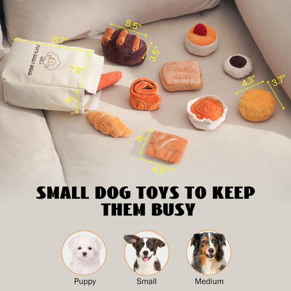 Nocciola 10 PCS Bread Dog Toy Set with a Grocery Bag, Cute Crinkle Squeaky Plush Puppy Toys, Enrichment Toys to Keep Them Busy, Hide and Seek Toys for Small to Medium Dogs,10 Pack Bread Toys, Sushi, Seafood, Turkey, Piggy
