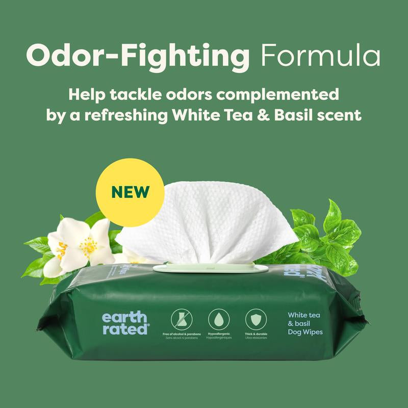 Earth Rated 3-In-1 Pet Grooming Wipes, Cleaning, Deodorizing & Hydrating for Paws, Body, and Butt, Perfect for Dogs & Cats, White Tea and Basil Scent, 100 Count