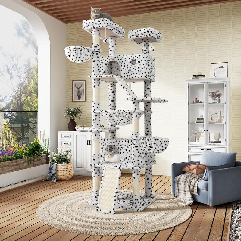 【Deals for You】Sha CERLIN 81In Multi-Level Tall Cat Tree Tower for Indoor Kitties/Larger Cat Condo Furniture with Hammock/Cozy Pussycat Perches/Sisal Scratching Posts/Pet House/Wide Base/White & Black Spot#Fathersdaygift