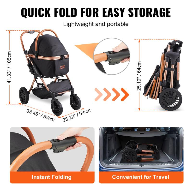 VEVOR Pet Stroller, 4 Wheels Dog Stroller Rotate with Brakes, 66 Lbs Weight Capacity, Puppy Stroller with Detachable Carrier, Storage Basket and Pet Pad, for Small to Medium Sized Dogs, Black