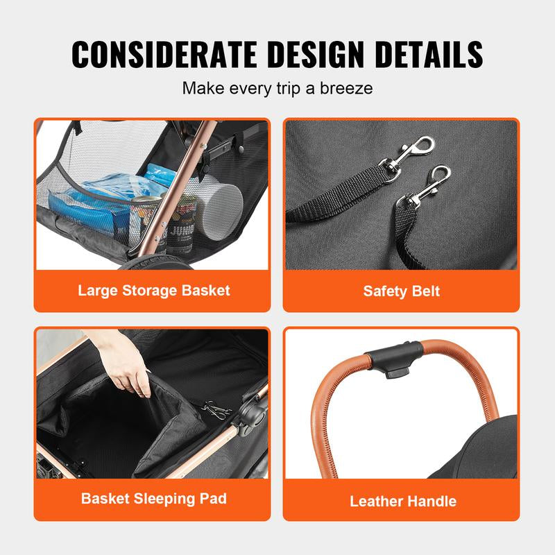 VEVOR Pet Stroller, 4 Wheels Dog Stroller Rotate with Brakes, 66 Lbs Weight Capacity, Puppy Stroller with Detachable Carrier, Storage Basket and Pet Pad, for Small to Medium Sized Dogs, Black