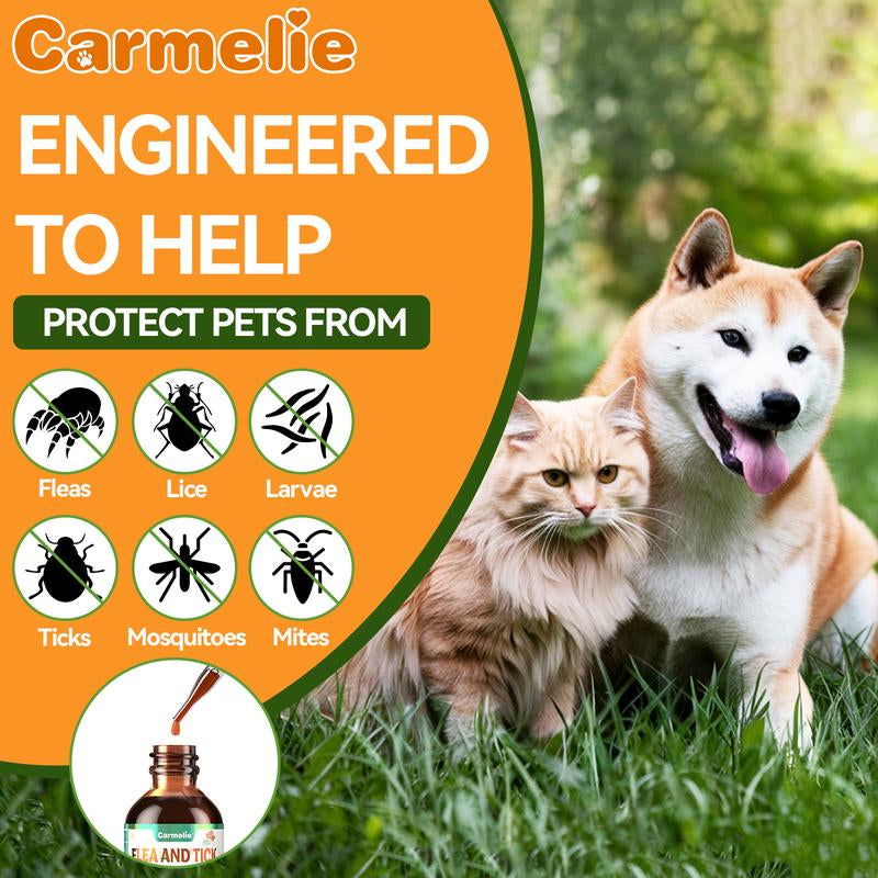 Carmelie Natural Flea & Tick Support Drops for Dogs & Cats - Delicious Bacon Flavor, Vitamin-Enriched Formula for All Breeds & Ages