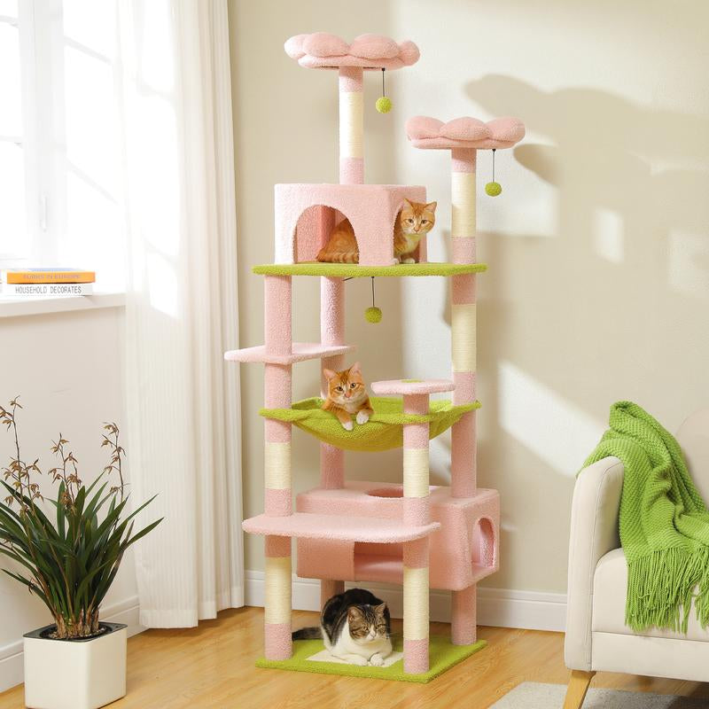 PAWZ Road 72-Inch Flower/Cactus Cat Tree for Indoor Cat, with Sisal-Covered Scratching Posts, Padded Perches, Condos, and Basket（Gray/Dark Gray/Beige） Pet Supplies Home Cattree