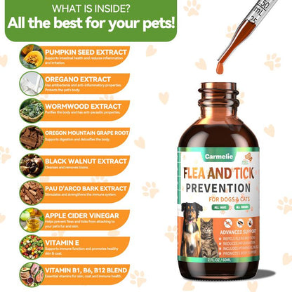 Carmelie Natural Flea & Tick Support Drops for Dogs & Cats - Delicious Bacon Flavor, Vitamin-Enriched Formula for All Breeds & Ages