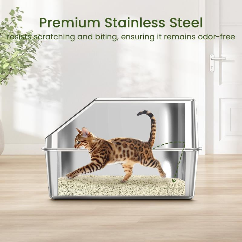 Ptlom Pure Metal Semi-Enclosed Stainless Steel Cat Litter Box,Paw Print,With Beveled Edges,Non-Stick,Leak-Proof,Odorless,Comes with Mat and Scoop