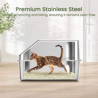 Ptlom Pure Metal Semi-Enclosed Stainless Steel Cat Litter Box,Paw Print,With Beveled Edges,Non-Stick,Leak-Proof,Odorless,Comes with Mat and Scoop
