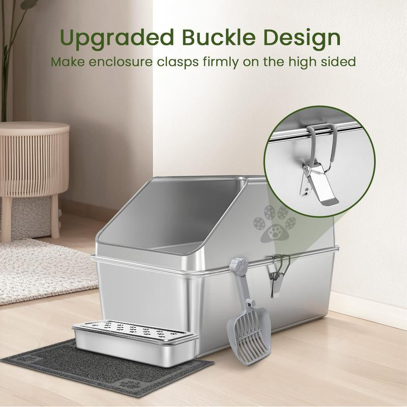 Ptlom Pure Metal Semi-Enclosed Stainless Steel Cat Litter Box,Paw Print,With Beveled Edges,Non-Stick,Leak-Proof,Odorless,Comes with Mat and Scoop