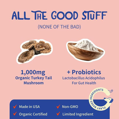 Fifth & Fido Turkey Tail+ - Dog Food Topper with Probiotics for Lipomas, Immune Support & Gut Health - 75 Servings - Bacon Flavor - Natural Allergy Relief - Supplements