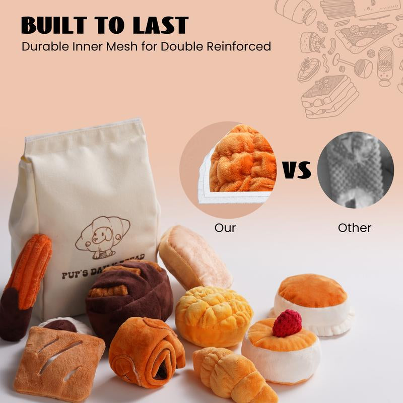 Nocciola 10 PCS Bread Dog Toy Set with a Grocery Bag, Cute Crinkle Squeaky Plush Puppy Toys, Enrichment Toys to Keep Them Busy, Hide and Seek Toys for Small to Medium Dogs,10 Pack Bread Toys, Sushi, Seafood, Turkey, Piggy