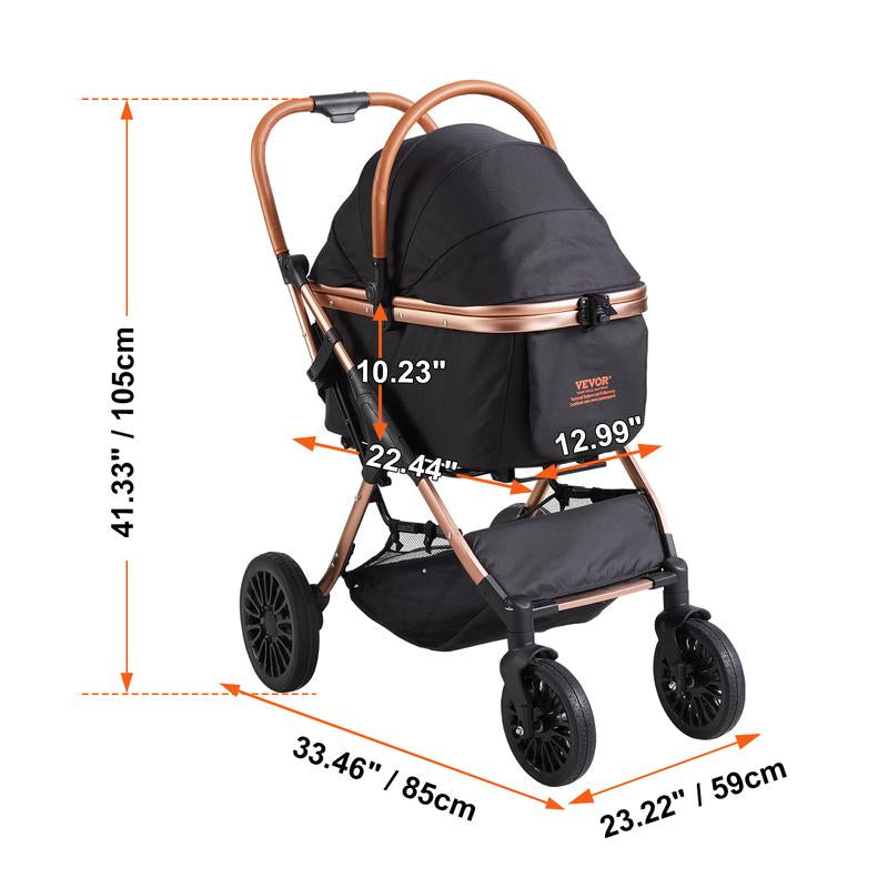 VEVOR Pet Stroller, 4 Wheels Dog Stroller Rotate with Brakes, 66 Lbs Weight Capacity, Puppy Stroller with Detachable Carrier, Storage Basket and Pet Pad, for Small to Medium Sized Dogs, Black