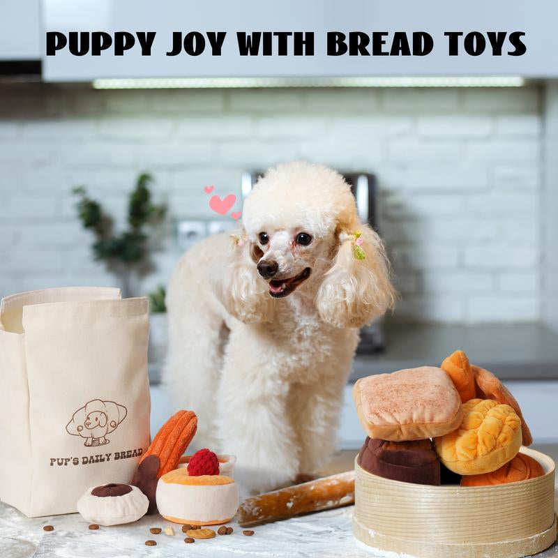 Nocciola 10 PCS Bread Dog Toy Set with a Grocery Bag, Cute Crinkle Squeaky Plush Puppy Toys, Enrichment Toys to Keep Them Busy, Hide and Seek Toys for Small to Medium Dogs,10 Pack Bread Toys, Sushi, Seafood, Turkey, Piggy