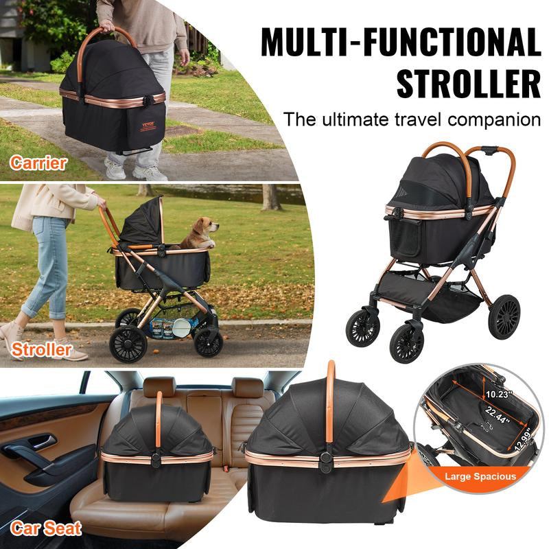 VEVOR Pet Stroller, 4 Wheels Dog Stroller Rotate with Brakes, 66 Lbs Weight Capacity, Puppy Stroller with Detachable Carrier, Storage Basket and Pet Pad, for Small to Medium Sized Dogs, Black