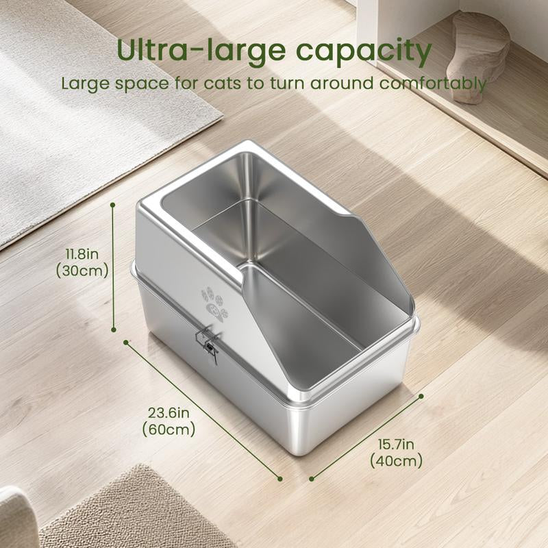Ptlom Pure Metal Semi-Enclosed Stainless Steel Cat Litter Box,Paw Print,With Beveled Edges,Non-Stick,Leak-Proof,Odorless,Comes with Mat and Scoop