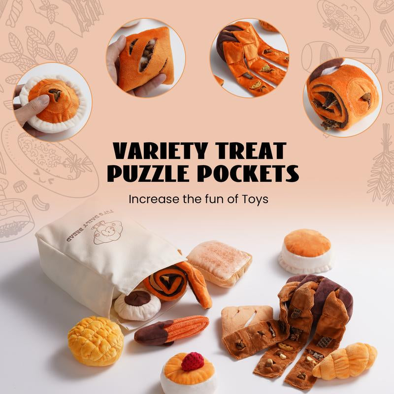 Nocciola 10 PCS Bread Dog Toy Set with a Grocery Bag, Cute Crinkle Squeaky Plush Puppy Toys, Enrichment Toys to Keep Them Busy, Hide and Seek Toys for Small to Medium Dogs,10 Pack Bread Toys, Sushi, Seafood, Turkey, Piggy