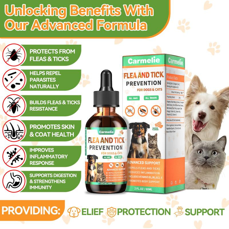 Carmelie Natural Flea & Tick Support Drops for Dogs & Cats - Delicious Bacon Flavor, Vitamin-Enriched Formula for All Breeds & Ages