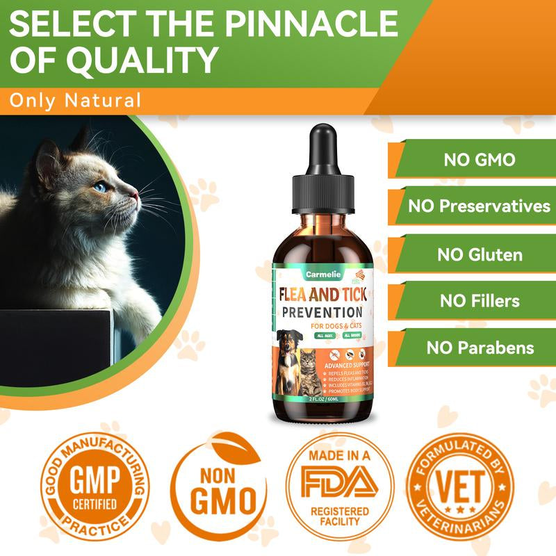 Carmelie Natural Flea & Tick Support Drops for Dogs & Cats - Delicious Bacon Flavor, Vitamin-Enriched Formula for All Breeds & Ages